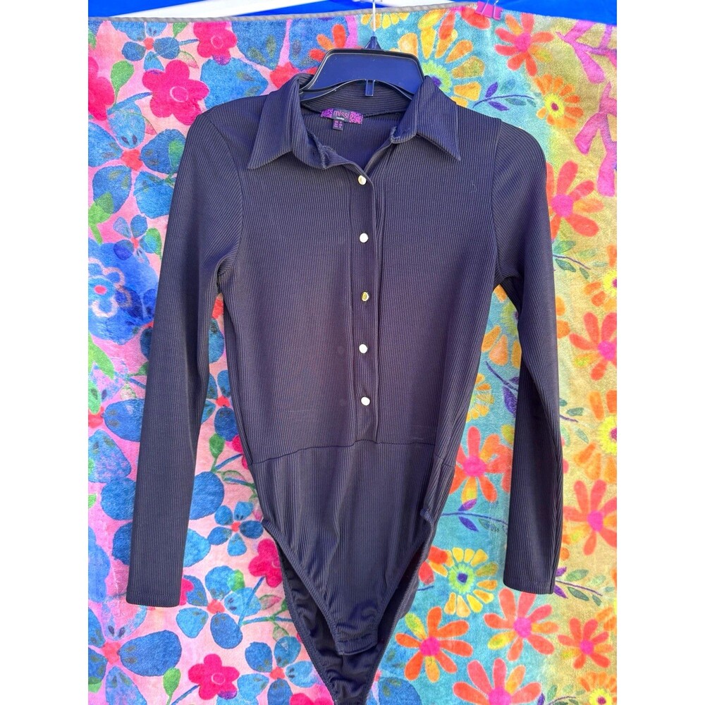 Missi London Bodysuit US 4 UK 8 Black Ribbed Collared Long Sleeve Made UK